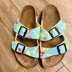 Birkenstock Floral Blue Sandals with Black Buckles